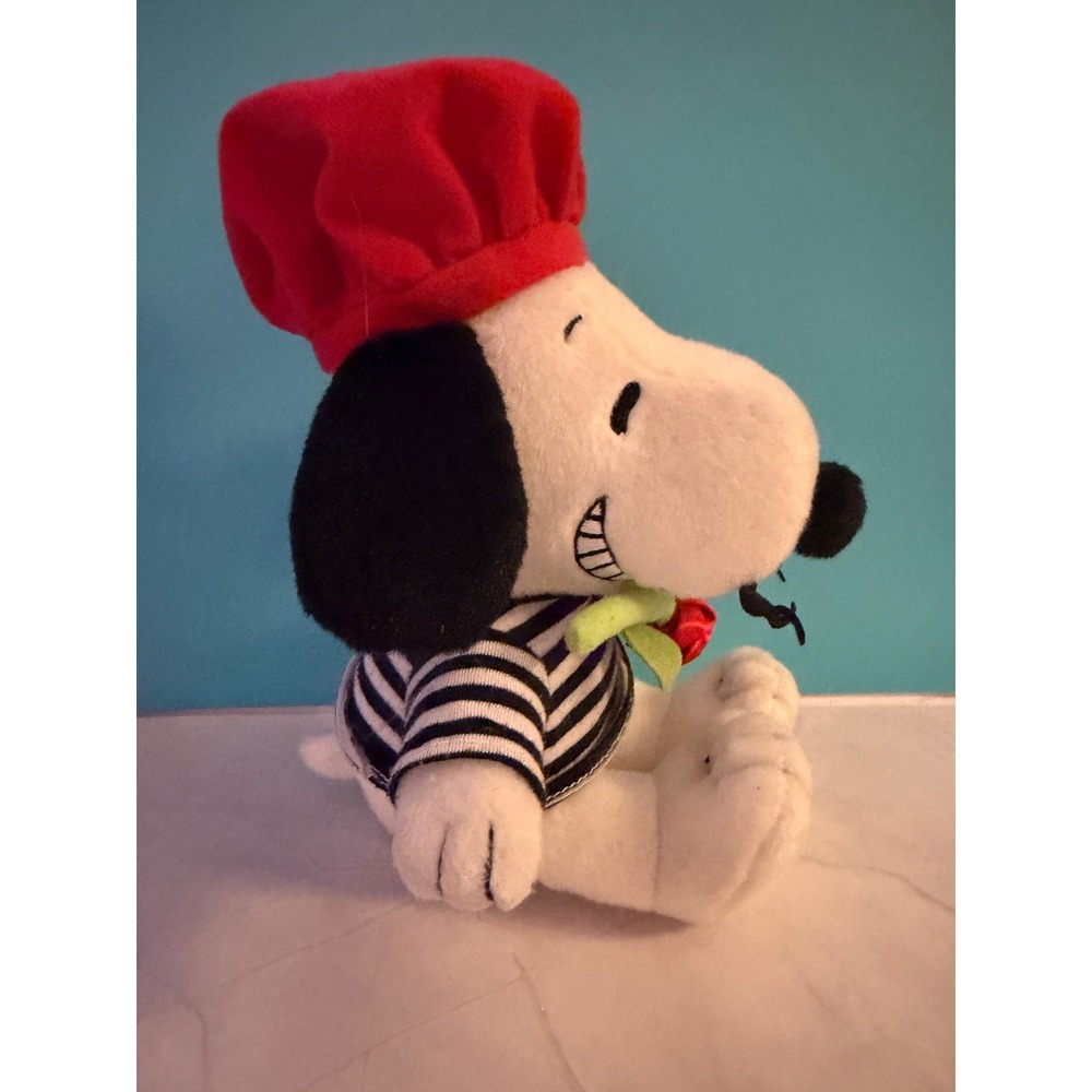 Hallmark Snoopy Plush 7in White French Parisian Beret Rose Striped Shirt VTD5012 - Picture 2 of 7